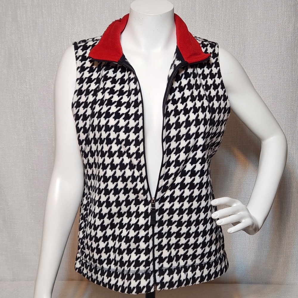 Kim Rogers Houndstooth Vest Super Soft Black White Red Collar PL Petite Large